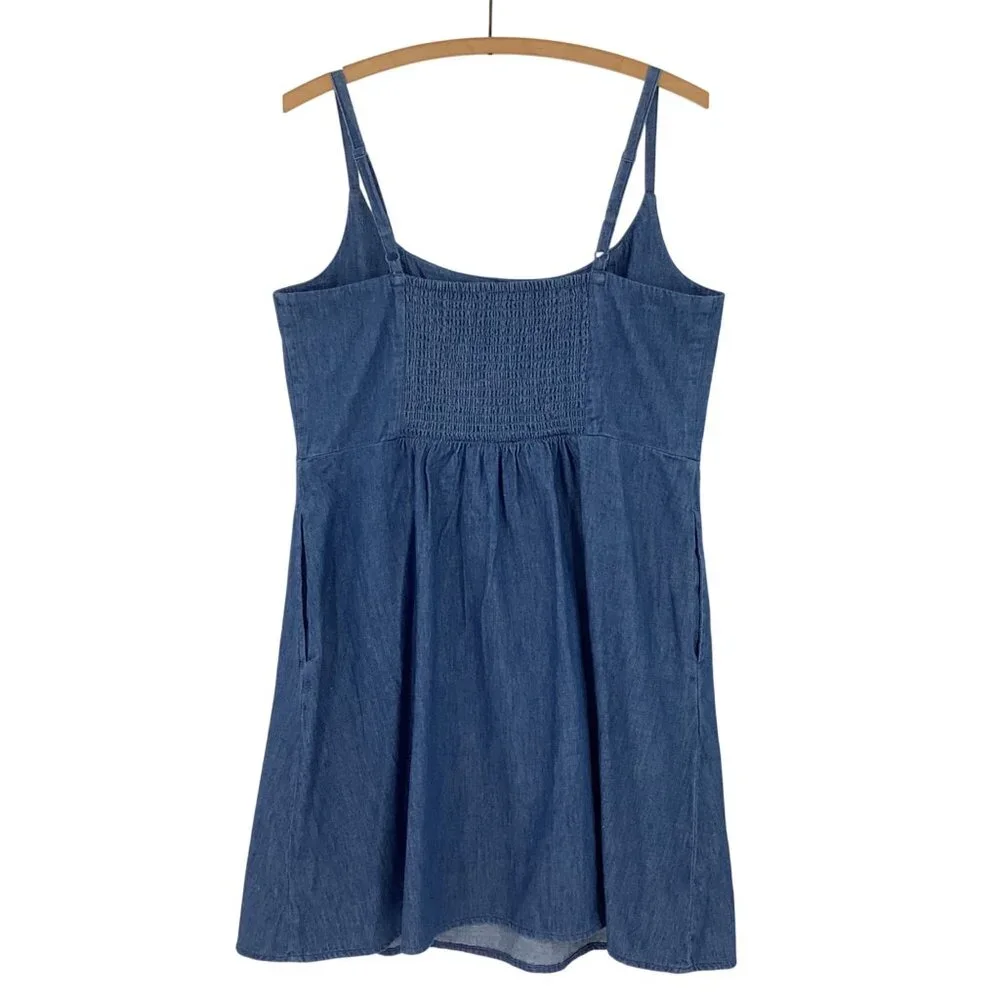 Old Navy Denim Mini Dress Spaghetti Strap With Pockets Large Medium Wash - Picture 3 of 5